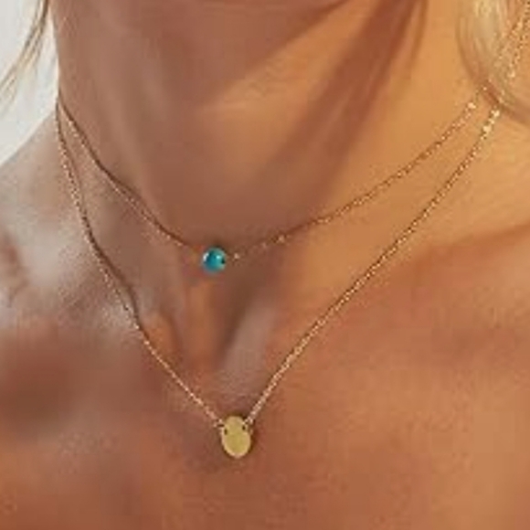 Bestelly 14k Gold Plated Layered Necklace w/a Golden Coin & Faux Turquoise Bead - Picture 2 of 7